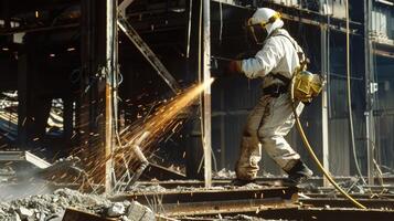 A worker in a protective suit using a ting torch to slice through metal beams of a demolished building photo