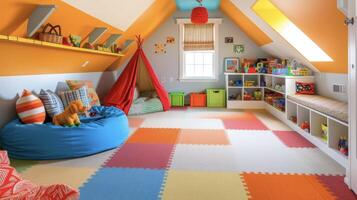 This attic playroom is a kids dream come true with colorful wall decals toy storage and a designated reading nook tucked away in the corner photo