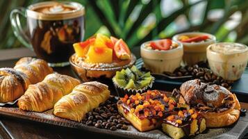 Enjoy a taste of paradise with this delightful spread of colorful pastries and locally roasted flavorful coffee beans photo