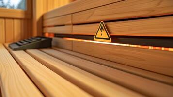 A warning label on the sauna heater advising users to keep a safe distance and not touch the hot surfaces. photo