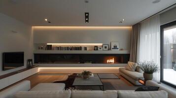 The contemporary fireplace is perfectly framed by the white builtin shelves creating a clean and minimalist look in the living room. 2d flat cartoon photo
