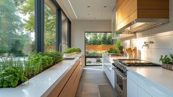 A modern kitchen with sleek energysaving appliances and a countertop herb garden where retired homeowners enjoy cooking fresh meals using ingredients from their own garden photo