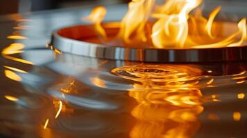 A closeup shot of the stylish fire table with its polished surface reflecting the warm glow of the fire. 2d flat cartoon photo