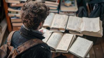 A man sitting in front of a stack of notebooks filled with sketches poems and journal entries that serve as a record of his personal growth through artistic expression photo