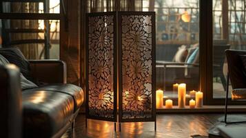 el ornamental vela pantalla agrega un romántico y íntimo atmósfera a ninguna espacio. 2d plano dibujos animados foto