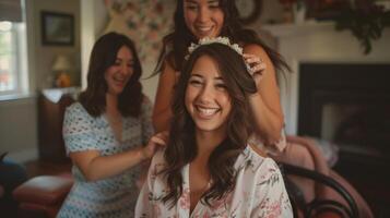 un sonriente futura novia consiguiendo su pelo estilizado y perfeccionado para el grande día rodeado por su apoyo y emocionado amigos. foto