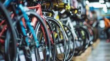 A sleek and modern cycling shop with rows of expensive bicycles displayed on the wall and cyclists milling about photo