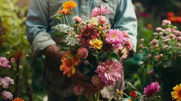 un hombre en pie en un lozano jardín su manos lleno con un variedad de flores como él pierde él mismo en el alegría de arreglando ellos dentro un fascinante ramo de flores foto