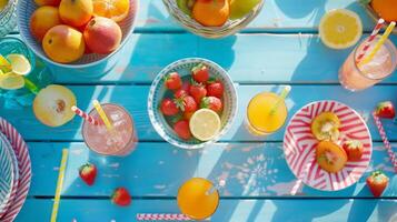 un mesa adornado con vistoso pajitas servilletas y bochas de Fresco Fruta ajuste el escena para un relajante domingo tarde foto