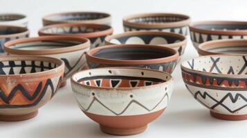 A set of small bowls each with a unique underglaze design inspired by traditional Native American motifs. photo