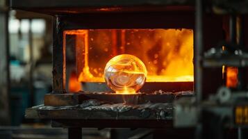 The glassblowing furnace glows like a miniature sun with its intense heat fueling the creation of beautiful glass pieces. 2d flat cartoon photo