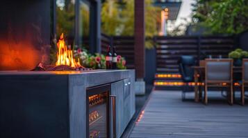 A stylish outdoor patio boasts a sleek fireplace with a builtin wine fridge for entertaining. The warm flames provide a cozy ambiance while the wine fridge makes it 2d flat cartoon photo