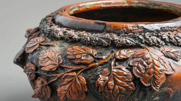 The rustic textured surface of a coilbuilt pot adorned with natural motifs like leaves and branches. photo