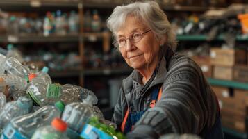 A sense of camaraderie and purpose fills the room as retired individuals work together to make a positive impact on the environment through recycling and upcycling photo