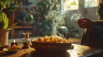 un pacífico meditación habitación lleno con el calmante olor de incienso y Participantes tomando consciente de picaduras de Fresco Fruta foto