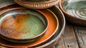 A set of rustic serving dishes all featuring a similar color palette of warm browns greens and rusted oranges. photo