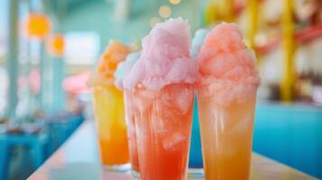 un refrescante Mocktail bar servicio creativo bebidas me gusta Zanahoria efervescencia y algodón caramelo limonada Perfecto para ambos niños y adultos a disfrutar foto