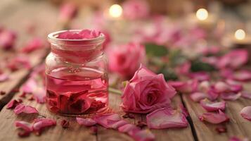 Another is smelling a jar of fragrant rose petals considering whether to add them to their blend or not photo