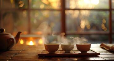 el aroma de recién elaborada tés llena el habitación agregando un consolador y calmante elemento a el ambiente foto