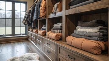 A zoomedin view of a mudroom organization system with builtin cubbies and drawers for storing gloves scarves and other small items as well as a large open space for hangin photo