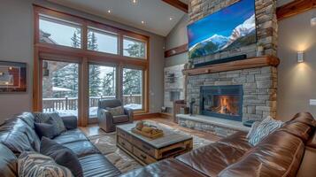 A large flat screen TV hangs above the fireplace offering both entertainment and warmth in the ski chalets modern living room. 2d flat cartoon photo