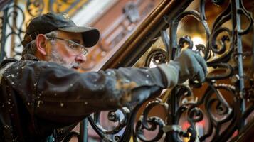 A craftsman carefully restoring the decorative ironwork of a grand staircase one of the many original features being preserved in a historic hotel photo