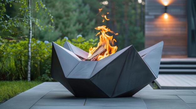 The angular and geometric sculptures contrast with the organic shapes of the flames in the fire pit creating a captivating visual display. 2d flat cartoon photo
