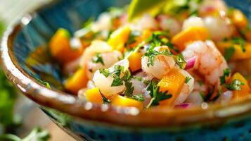 A mouthwatering bowl of fresh ceviche bursting with tropical flavors like mango lime and cilantro photo