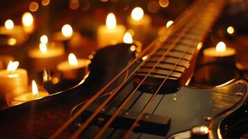 The rich deep tones of the bass guitar resonated with the warm glow of the candles. 2d flat cartoon photo
