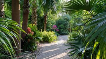 un pacífico oasis rodeado por alto elegante palma arboles y floración jengibre plantas foto