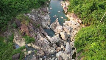 Aerial view of a serene river flowing through the lush forest of the Annamite Range, Vietnam, showcasing natural beauty and tranquility video