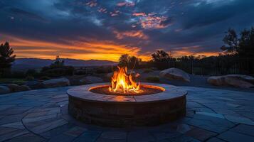 The orange embers of the fire pit create a mesmerizing glow against the dark sky. 2d flat cartoon photo