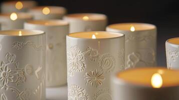 A set of unique porcelain candle holders each delicately engraved with a different symbol or motif. photo