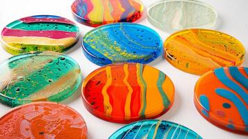 A series of colorful coasters each one featuring a different combination of fused clay and glass showcasing the endless possibilities and unique results of this fusion technique. photo