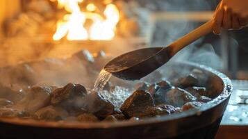 A person using a sauna ladle to pour water over hot sauna rocks creating a steamy and tranquil atmosphere. photo