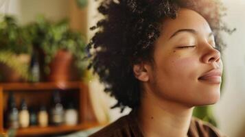 A person practices deep breathing exercises using a custom blend of essential oils to promote a sense of relaxation and calmness photo