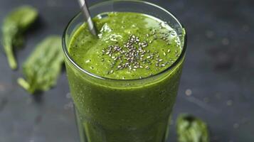 A tall glass filled with a green smoothie made with spinach coconut milk banana and a touch of spirulina topped with a sprinkle of chia seeds photo