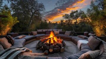 The fire pit is surrounded by plush cushions and throw blankets making it the ultimate spot for relaxation and warmth on a cool evening. 2d flat cartoon photo