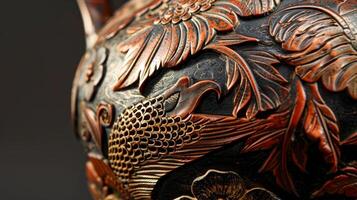 An intricately carved and painted pitcher featuring a combination of sgraffito and mishima techniques. photo
