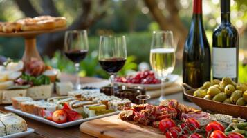 un curado selección de multa vinos y licores cuidadosamente elegido a complemento el gastrónomo picaduras y elevar el en general picnic experiencia foto