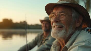 A group of retired friends laughing and reminiscing as they fish together on a quiet lake enjoying each others company photo