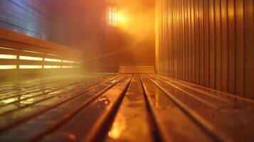 el rugido de un distante tormenta en capas terminado un lista de reproducción de ambiente música creando un sentido de calma y comodidad dentro el sauna. foto