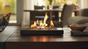 disfrutar el fascinante visión de llamas parpadeando en esta pulcro mesa chimenea. 2d plano dibujos animados foto