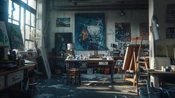 un artistas estudio es lleno con trabajos en Progreso cada uno un único expresión de su arte y visión foto