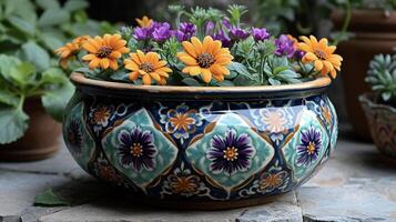 A handcrafted ceramic planter its intricate patterns and earthy colors adding a touch of charm to a garden or patio photo