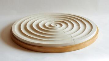 A tabletop wedging board with spiral grooves and measuring lines for preparing clay for throwing on the wheel. photo