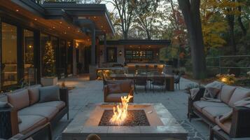 Flickering flames reflect off the surrounding furniture casting a warm and cozy light on the outdoor seating area. 2d flat cartoon photo