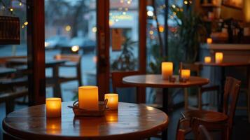 A quaint coffee shop with an LED candle array on each table offering a cozy and inviting atmosphere. 2d flat cartoon photo