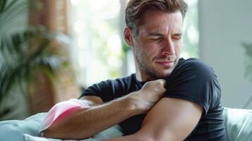 A man with eczema on his arm applying an infrared heating pad to reduce redness and inflammation. photo