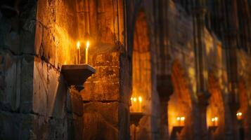 The entrance of a Gothicstyle cathedral is illuminated by alcoves in the stone walls each holding a flickering candle to guide worshippers into the depths of the church. 2d flat cartoon photo